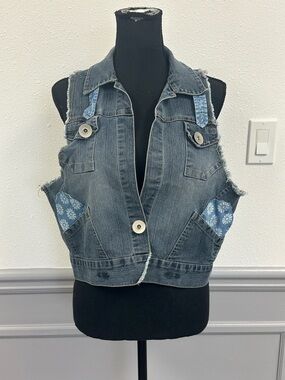 Distressed Denim Crop Vest with Floral Pocket Accents Custom (1022)